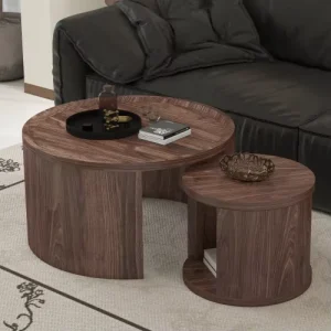 Modern Durable Round Nesting Coffee Table Set of 2 Natural Wood & Walnut MDF for Living Room & Bedroom