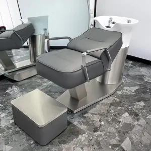 Modern Durable Semi Reclining Ceramic Basin Leather Hair Washing Bed Stainless Steel Frame Luxury Design Adjustable Footrest
