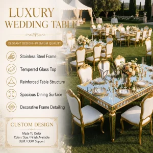 Modern Durable Stainless Steel Wedding Dining Table with Tempered Glass Top for Hotel Banquet Outdoor Events