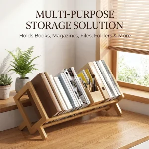 Modern Durable Sustainable Anti Tipping Bamboo Desktop Book Storage Display Rack Multifunctional CD Rack Bookshelf for Kitchen
