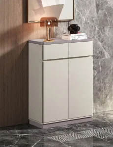 Modern Durable Tall Shoe Cabinet 2 Door Storage Top Display Shelf Beige Lavender Two Tone Finish Slim Space Saving Eco Friendly