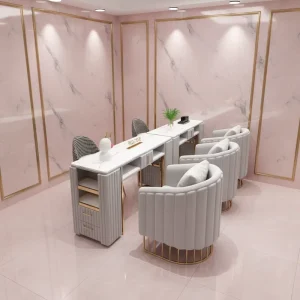 Modern Durable White Gold Marble Manicure Table Set with Grey Chairs Luxury Nail Station with Storage for Beauty Salon