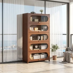 Modern Dustproof Bamboo Wood Bookshelves and Bookcases with Door Storage Large Open Design Living Room Furniture