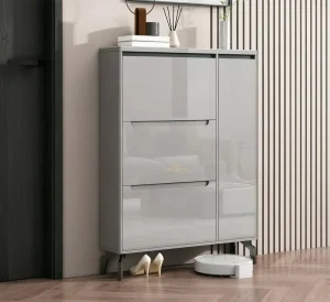 Modern Eco-Friendly Adjustable Durable Ultra-Thin Shoe Cabinet 3 Flip Drawers 1 Side Door High-Gloss Grey Finish