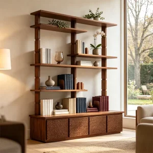 Modern Eco-Friendly Durable Walnut Modular Shelving Unit with Multi-Tier Storage for Apartment Living Room