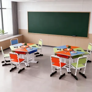 Modern Eco Friendly Durable Wood Classroom Study Table and Chair with Adjustable Height Steel Frame for Students