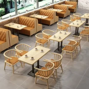 Modern Eco Friendly Restaurant Furniture Straight Booth Sofa Wood Tables and Chairs for Fast Food Restaurant