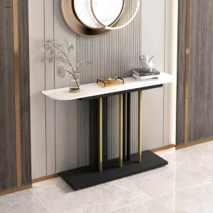 Modern Elegant Hallway Furniture Black Metal Frame Sled Base Console Table Marble Top Hotel Style Living Room Entryway Foyer