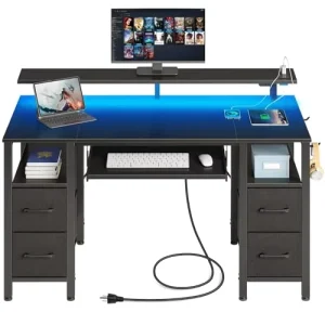 Modern Engineering Wooden LED Light Power Socket 4 Drawers Writing Table Keyboard Tray Learning Desk Computer Desk