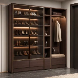 Modern Entryway Shoe Cabinet with Glass Doors Custom Wooden Hallway Storage Wardrobe Coat Rack Bench Home Furniture