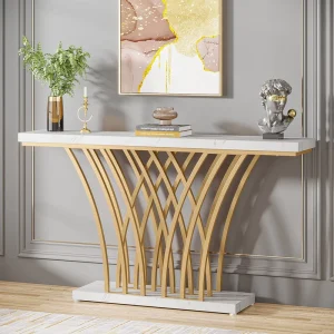 Modern Entryway Table with Grid-Shaped Metal Base Faux Marble Gold Console Table with Mirror