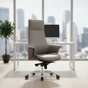 Modern Ergonomic High Back Gray & Coffee Executive Leather Office Chair with Fixed Armrests & 360 Swivel