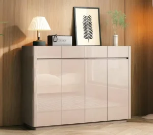 Modern European 4 Door Eco Friendly Adjustable Shoe Cabinet High Gloss Finish Large Capacity Entryway Storage Home Apartment Top