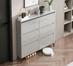 Modern European 6-Drawer Eco-Friendly Adjustable Shoe Cabinet Marble Top High-Gloss Grey Finish