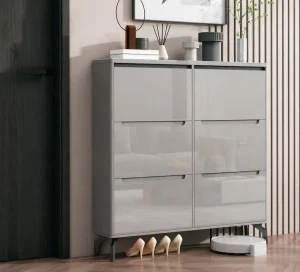 Modern European 6 Drawer Shoe Cabinet High Gloss Grey Finish Space Saving Flip Top Design Entryway Durable Metal Legs Dining