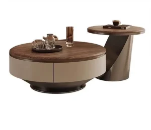 Modern European American Metal Table Top Stainless Steel 60cm Round Coffee Table Walnut Color Living Room Furniture