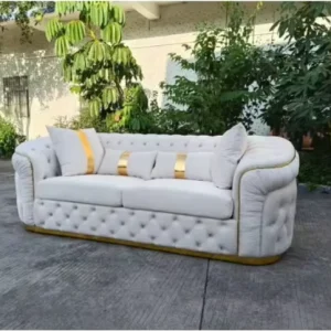 Modern European Elegant Luxury White Fabric Sofa Couch Set with Golden Metal Decorative for Home Living Room Hotel Villa Office