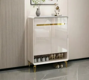 Modern European Luxury 2 Door Shoe Cabinet Gold Handle High Gloss White Finish 5 Shelf Durable Space Saving Entryway Dining