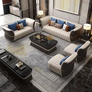 Modern European Style Luxury Villa Living Room Set Leather Sofa with Coffee Table TV Stand Premium Furniture One-stop Solution
