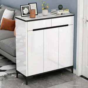 Modern European White High Gloss Eco Friendly Adjustable Shoe Cabinet Black Trim 3 Door Flip Down Space Saving Home Furniture