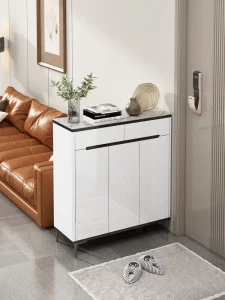 Modern European White High-Gloss Solid Wood Shoe Cabinet with Storage for Home Dining and Living Room