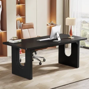Modern Executive Desk 70.9″ Large Office Computer Desk Conference Table Meeting Room Table Dark Walnut Black