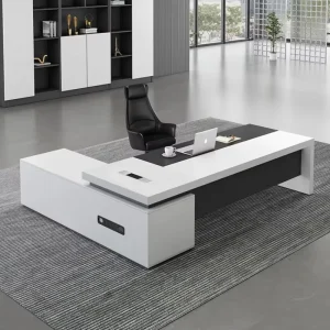 Modern Executive Desk with Built in Power Strip and Side Return White & Black Manager Workstation