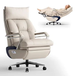 Modern Executive Office Chair with Genuine Leather Luxury Multifunctional Adjustable Height Swivel Includes Massage Function