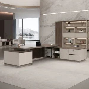 Modern Executive Office Desk L Shaped Luxury White CEO Desk Large Office Furniture Workstation with Side Cabinet
