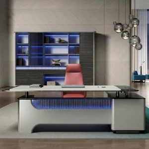 Modern Executive Office Desk Luxury Wooden Office Desk Custom Dimension Boss Desk with LED Strip and Built in Power Socket