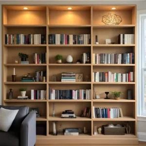 Modern Expandable Solid Wood Library Wall System Glass Doors Concealed Reading Lights Bookshelves Floor-to-Ceiling Design