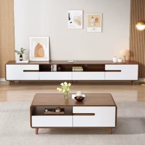 Modern Extendable Adjustable Wood TV Cabinet & Floor Cabinet with Tea Table Combination Set for Apartment Living Room Bedroom