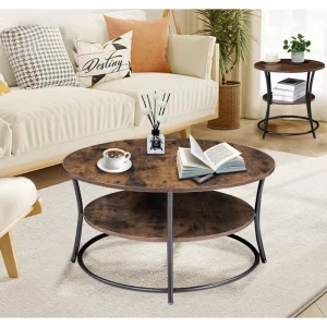 Modern Extendable Round Coffee Table with 2 Layer Storage Solid Wood Iron Frame Living Room Furniture