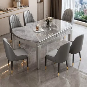 Modern Extendable Round Marble Solid Wood Dining Table Chairs Set 4, 6 Seaters Restaurant Elegant Grey Furniture Designs