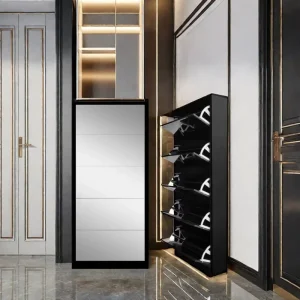 Modern Extendable Wooden Panel Shoe Cabinet Mirror Living Room Large Storage Space Home Bedroom Entryway Apartment Villa