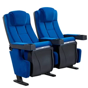 Modern Fabric Armrest Theater Chair with Water Cup Holder Solid Wood Seat Metal Legs Foldable for Cinema Concert Hall