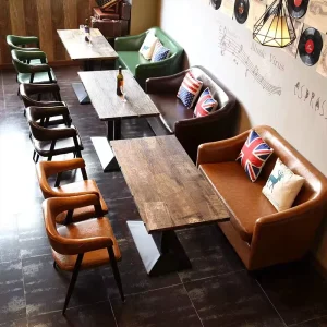 Modern Farmhouse Leather Restaurant Bar Furniture Set Customized Sofa Booth Dining Chair and Table Set