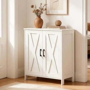 Modern Farmhouse White Storage Cabinet X Design Doors Shoe Rack Eco Friendly Adjustable Durable Wood Construction Living Room
