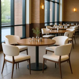 Modern Faux Leather Custom Restaurant Furniture with Solid Wood Frame Chair and Round Table Set for Hotel Projects