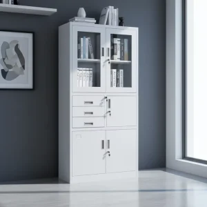Modern File Cabinet 2 Glass 3 Steel Doors 3 Drawers Lockable Adjustable Shelves Heavy Duty Powder Coated Body School Use