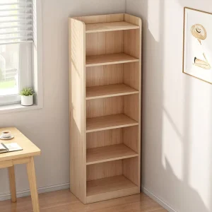 Modern Floor Standing Narrow Wooden Bookshelf Back Polygon Shaped Shelves Space Saving Storage for Living Room Home Office Hotel