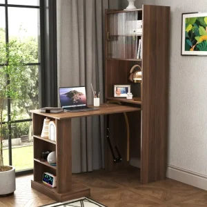 Modern Foldable Computer Desk with Storage Cabinet Glass Doors Pegboard Space Saving Writing Desk for Bedroom Home Office Dorm