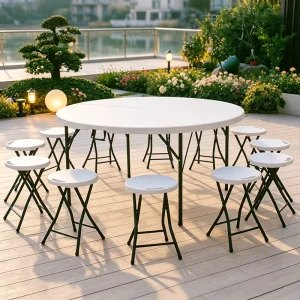 Modern Foldable Dining Table Set 60 Inch 150cm White Durable Iron Steel Frame Plywood Top PVC for Hotel Restaurant Wedding