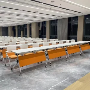 Modern Folding Flip Top Conference Table with Plastic Top and Metal Legs Nesting Design Mobile Base for Training Institutions