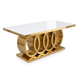 Modern Four Ring Hollow Stainless Steel Rectangular Hotel Furniture Marble Glass Top Wedding Banquet Dining Table