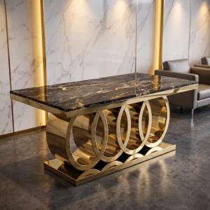 Modern Four Ring Hollow Stainless Steel Rectangular Table Marble Glass Top Wedding Banquet Dining Table