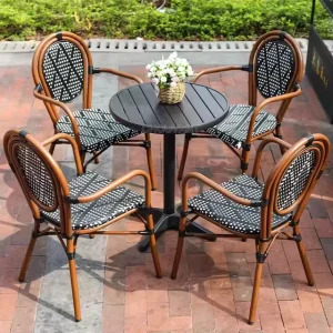 Modern French Bistro Rattan Aluminum Powder Coated Arm Chairs Outdoor Dining Park Hotel Garden Exterior Furniture Coffee Shops