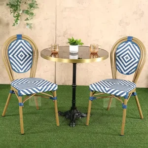 Modern French Style High Quality Blue White Rattan Aluminum Woven Bistro Dining Chairs Outdoor Use Villa Park Courtyard