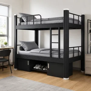 Modern Full Over Full Space Saving Heavy Duty Metal Steel Double Deck Bunk Bed Frame with Storage Stairs for Adult Dormitory
