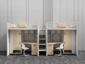 Modern Full Size School Metal Frame Loft Bed Color Blocking Design Table Chairs Ladder Dormitory Apartment Hostel